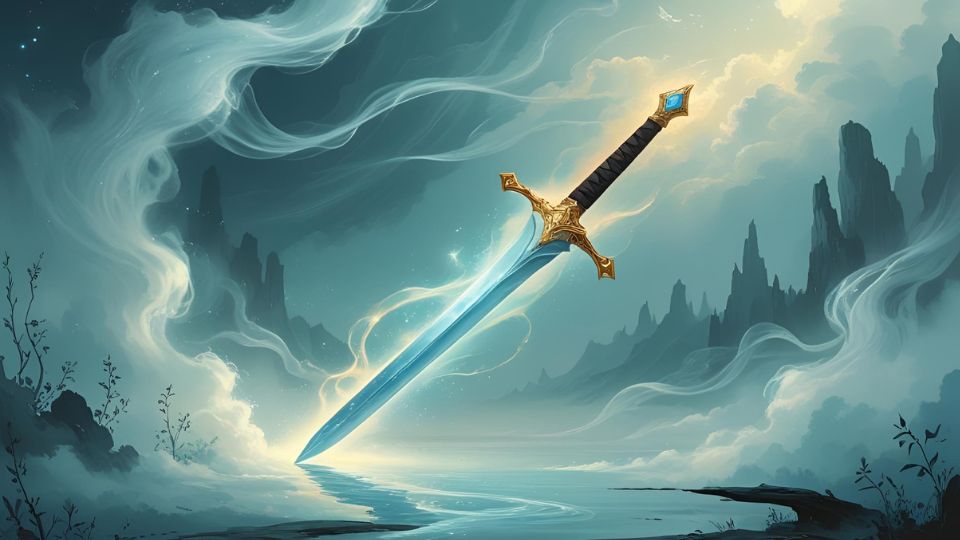 Kard az álomban jelentése Egy gyönyörű, kék kard lebeg a ködös táj felett, szimbolizálva a bátorságot és a döntéseket.