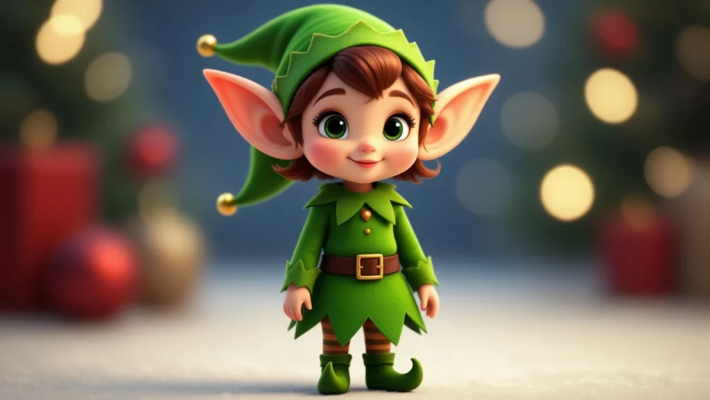 Egy kedves manó zöld ruhában, mosolyogva áll egy ünnepi háttér előtt.