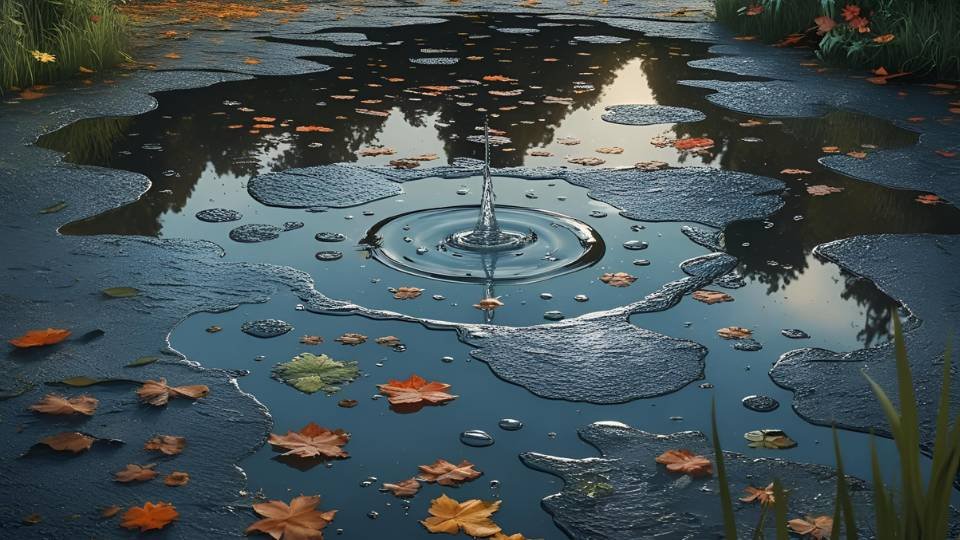 Egy pocsolya, amelyben vízcseppek gyűlnek, körülötte őszi levelek.