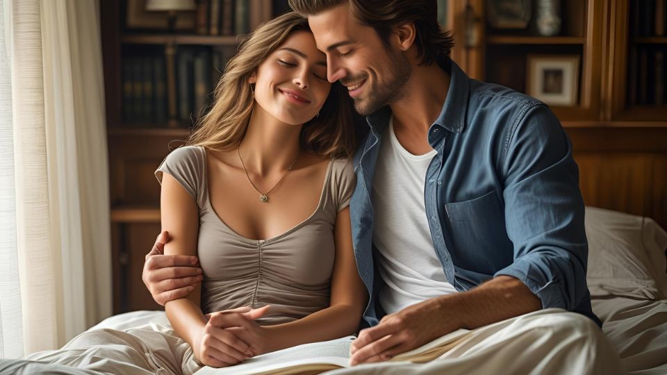 Egy pár boldogan ül az ágyban, könyvet olvasva, szeretetteljes pillantásokkal.
