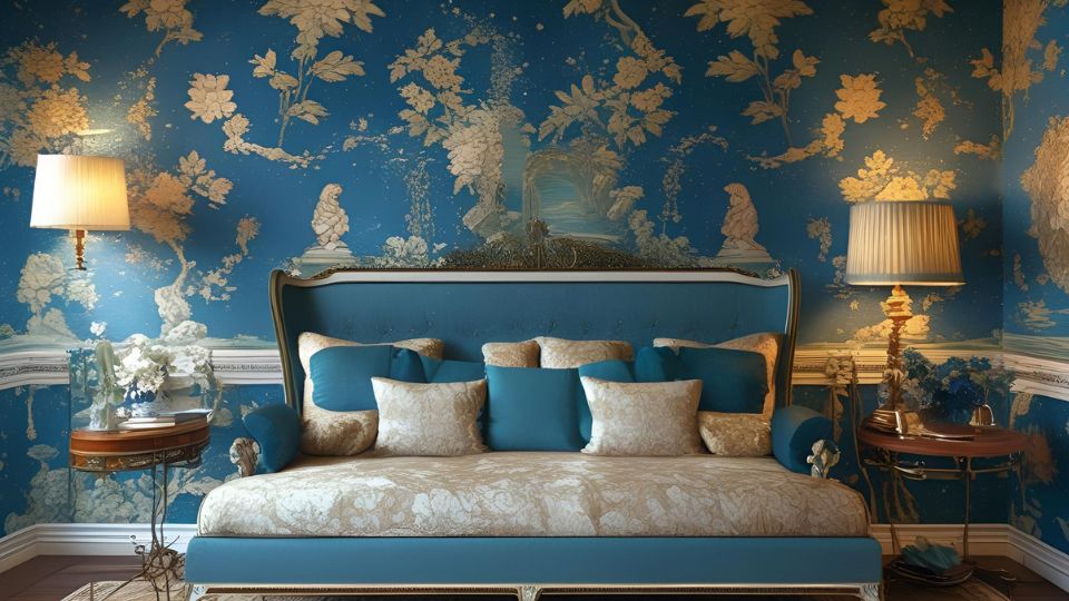 Tapéta az álomban jelentése Kék virágmintás tapéta egy elegáns szobában, kényelmes kanapéval.