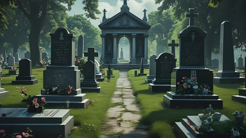 Egy csendes temető, sírokkal és zöld fűvel, amely az elmúlásra utal.