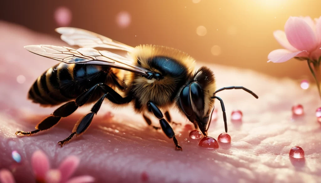 Egy méh, amely virágporral és nektárral dolgozik, szimbolizálva az álomfejtés mélyebb jelentéseit.