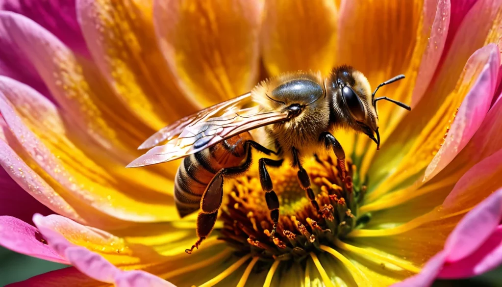 Egy méh egy színes virágon, a fullánk szimbolikáját idézve.