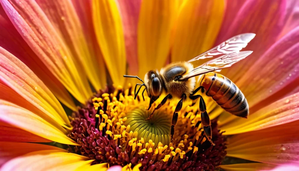 Egy méh gyűjtöget a virág porzóján, színes szirommal körülvéve.