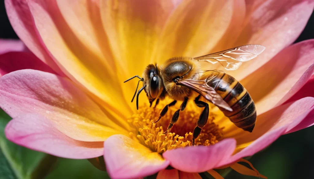 Egy méh virágon ül, a szirmok színei élénkek és vonzóak.