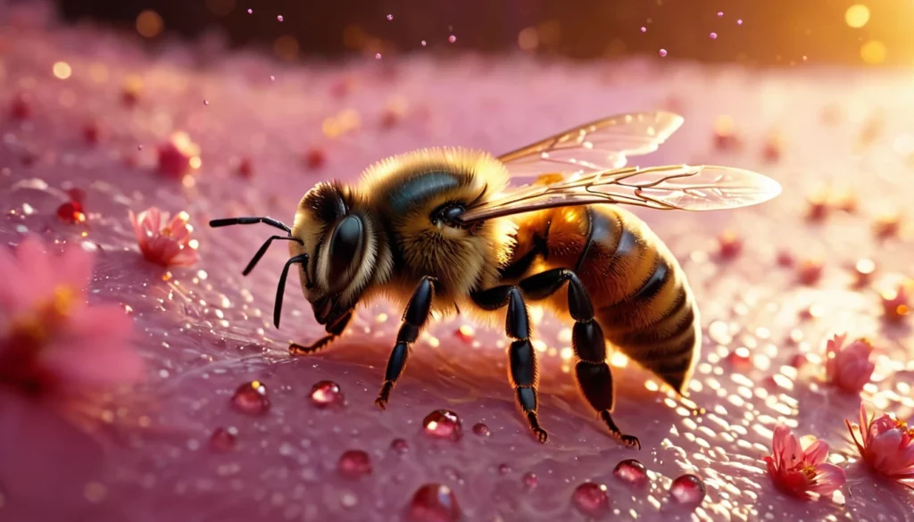 Egy méh közelről, virágok között, csepp vízgyöngyökkel körülvéve.