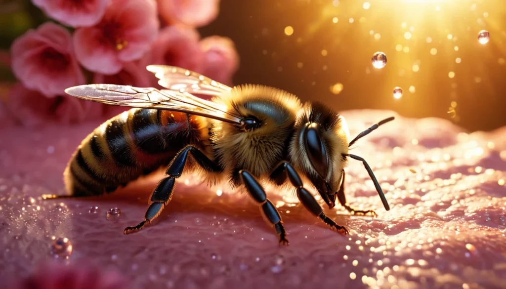 Egy méh közelről, virágok között, napsütésben, vízcseppekkel körülvéve.