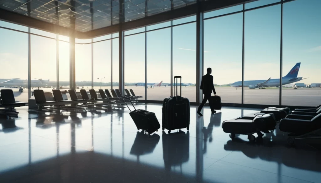 Egy férfi bőröndökkel sétál a repülőtér termináljában, napfényben.