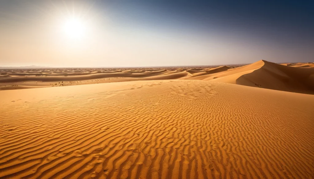 A sivatag homokdűnéi és a napfény ragyogása egy álombeli tájat idéznek.