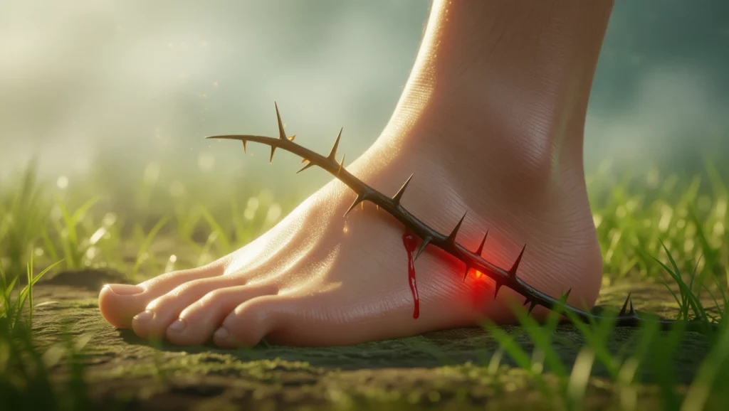 Egy láb, amelyet egy tüske szúr meg, vércsepp látható.