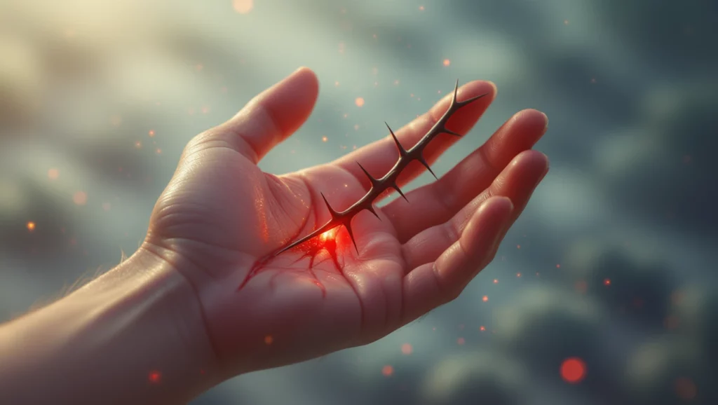 Tüske az álomban jelentése Egy kézben lévő tüske, amely belső feszültséget és elfojtott érzéseket szimbolizál.