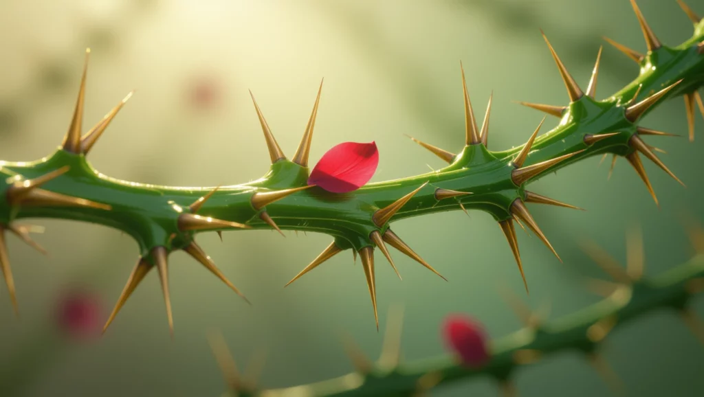 Tüske az álomban jelentése Egy tüskeág, rajta egy piros rózsaszirom, szimbolizálva az elfojtott érzéseket.