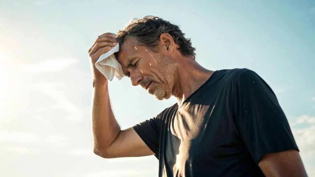Egy férfi izzad, miközben a homlokát törölgeti egy törölközővel.