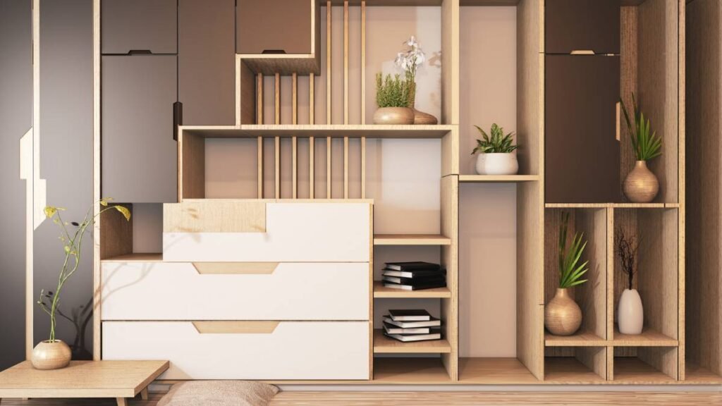 Modern bútor, amely különböző tárolóhelyeket és növényeket tartalmaz.