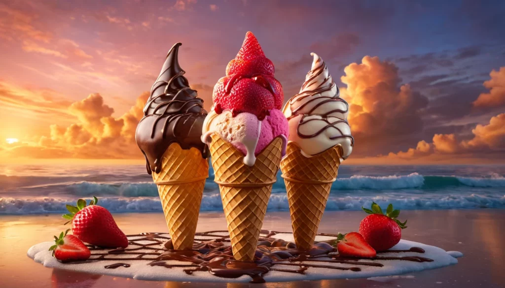 Három ízletes fagylalt tölcsér, csokoládé, eper és vanília ízekkel, friss gyümölcsökkel.