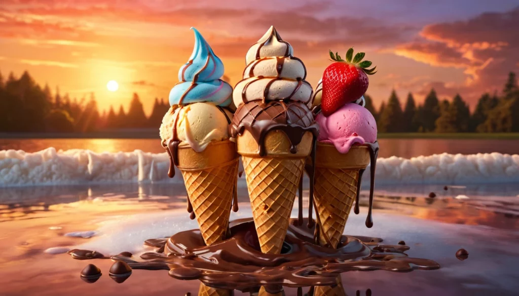Három ízletes fagylalt tölcsérben, csokoládé öntettel, naplementében.