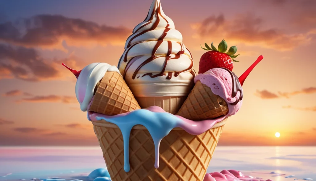 Többféle ízű fagylalt egy tölcsérben, háttérben naplementével.