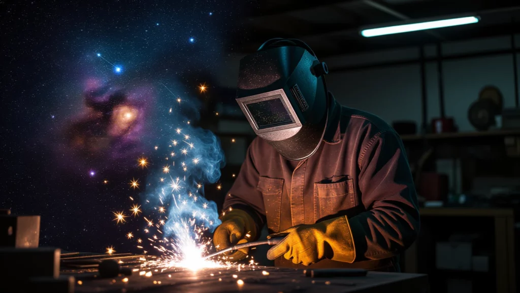 Egy hegesztő munkálkodik, fények és csillagok között, szimbolizálva a belső erőt.