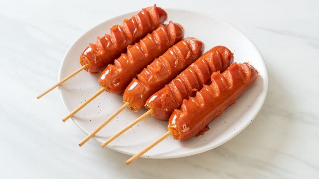 Tányéron elhelyezett, nyársra húzott kolbászok, csillogó felülettel.