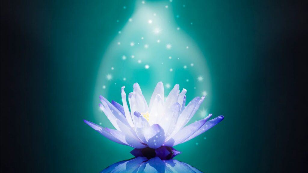 Csoda az álomban jelentése Egy gyönyörű liliom virág, amely fényt és csillagokat sugároz, misztikus háttér előtt.