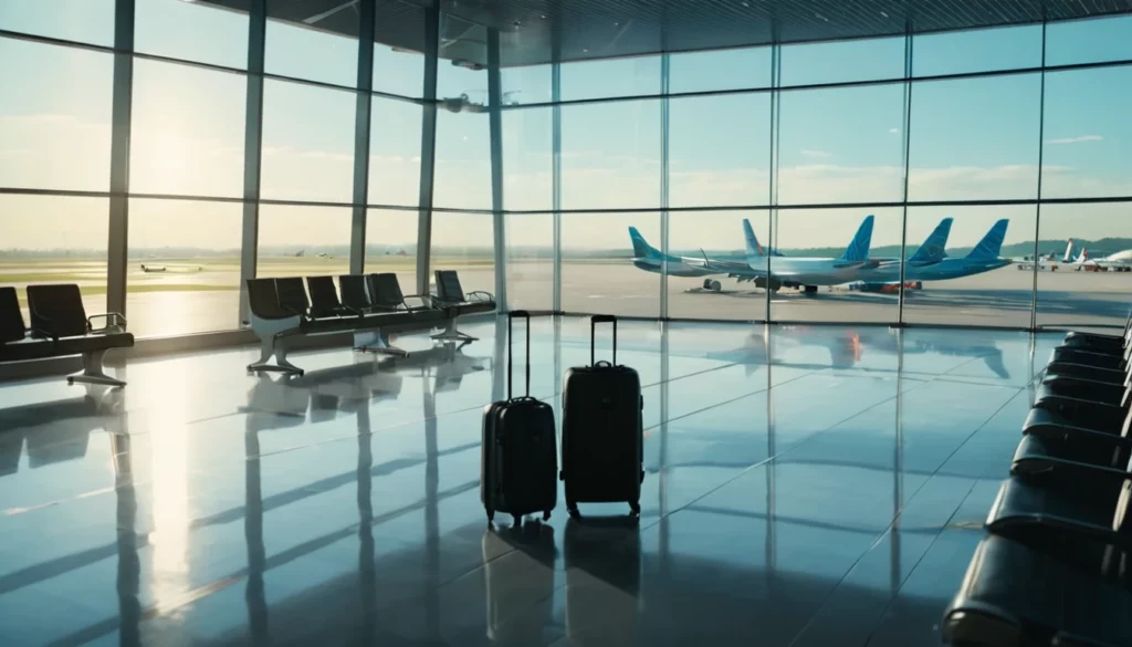 Két bőrönd áll egy modern repülőtér várótermében, háttérben repülőgépek.
