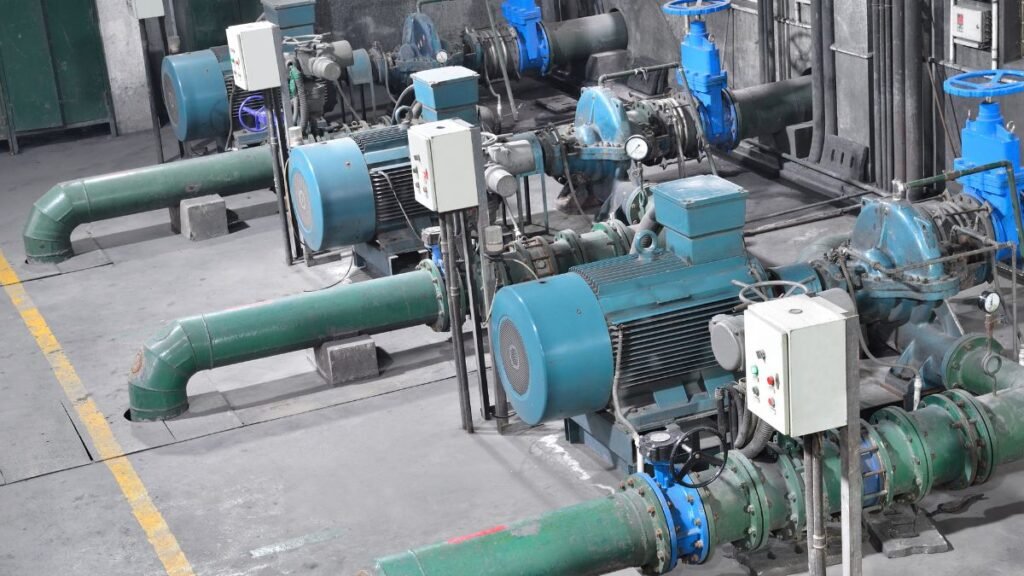 Kék és zöld szivattyúk sorakoznak egy ipari környezetben, működésre készen.