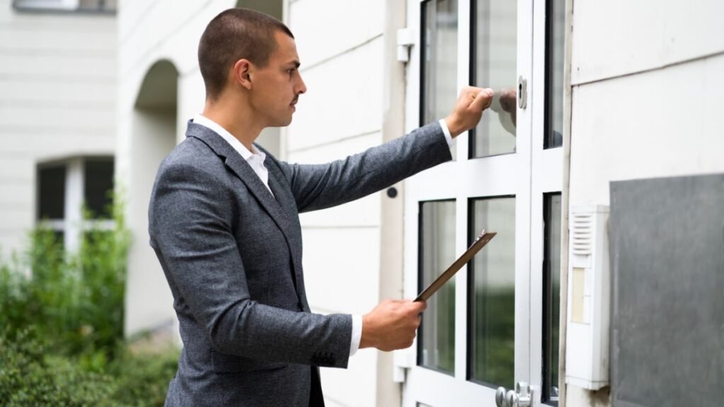 Egy férfi öltönyben kopogtat egy ajtón, kezében iratlap.