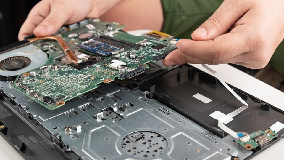 Kéz tart egy alaplapot, miközben egy laptop belsejét szereli.