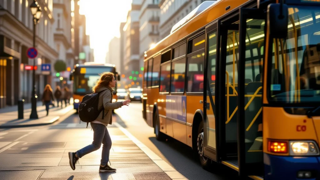 Egy nő sietve közelít egy buszhoz a város utcáján, naplementében.