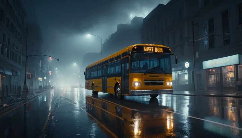 Egy sárga busz halad egy esős, ködös városi utcán éjszaka.