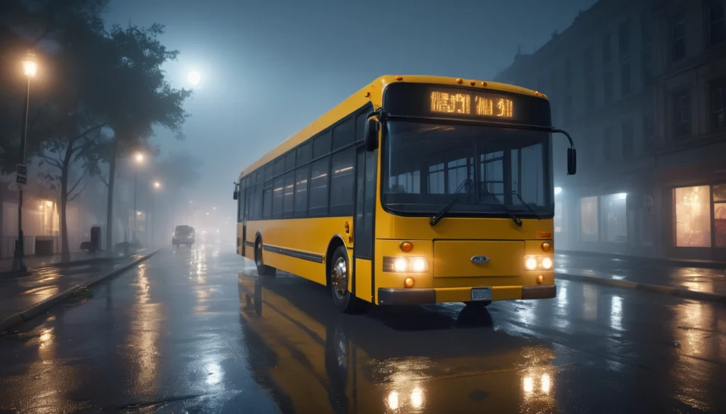 Egy sárga busz áll egy esős, ködös utcán, lámpák fénye világítja meg.