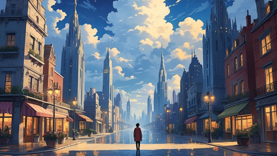 Város az álomban jelentése Egy álomszerű város látképe, magas épületekkel és kék éggel.