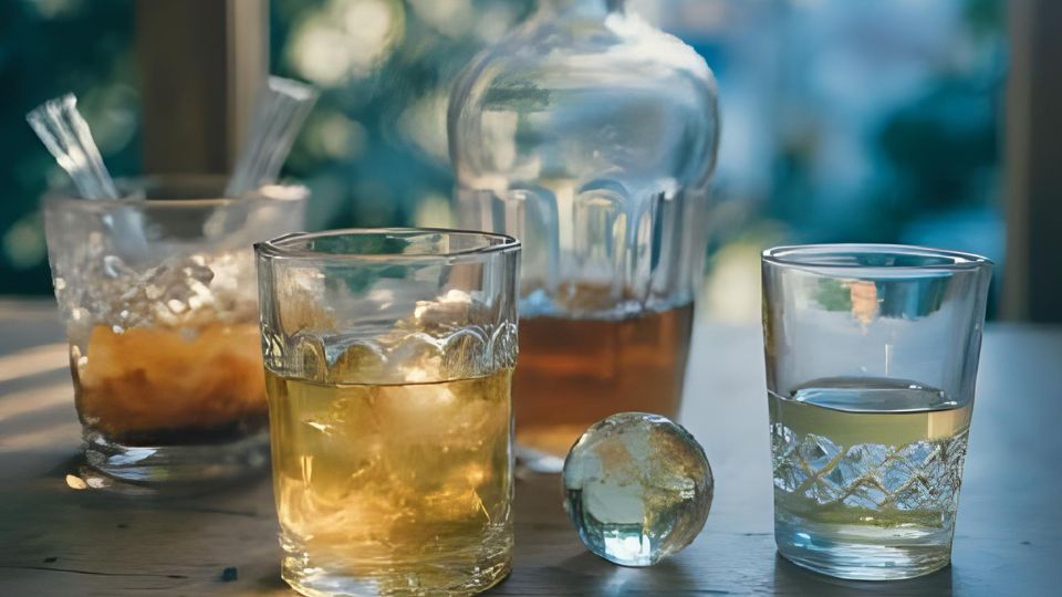 Különböző üvegedények és poharak, italokkal, átlátszó és színes folyadékokkal.