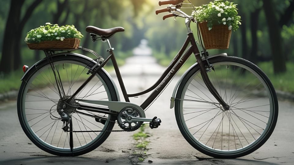 Egy virágokkal teli kosárral díszített bicikli egy napfényes úton.