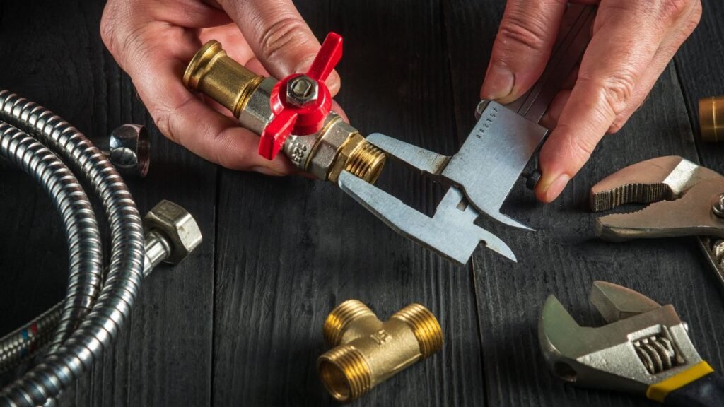 Kézben tartott gázcsap, mellette szerszámok és csövek láthatók.