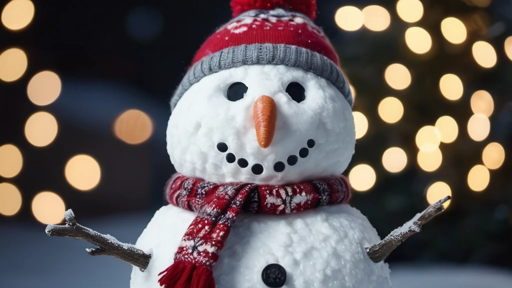 Egy vidám hóember piros sapkában és sálban, háttérben karácsonyi fényekkel.