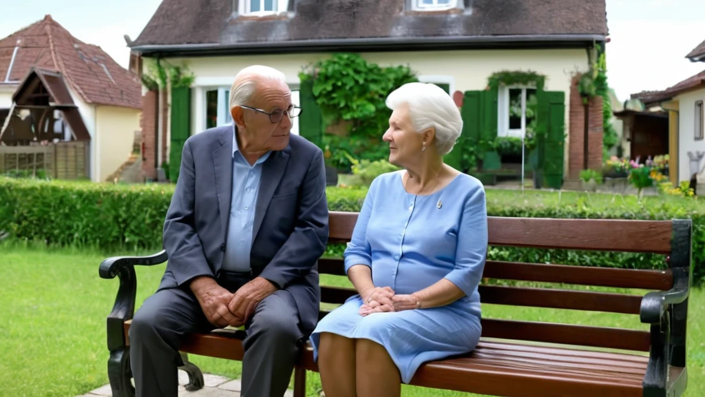 Nagymama, nagypapa az álomban jelentése Idős pár ül egy padon, a háttérben zöld kerttel és házakkal.