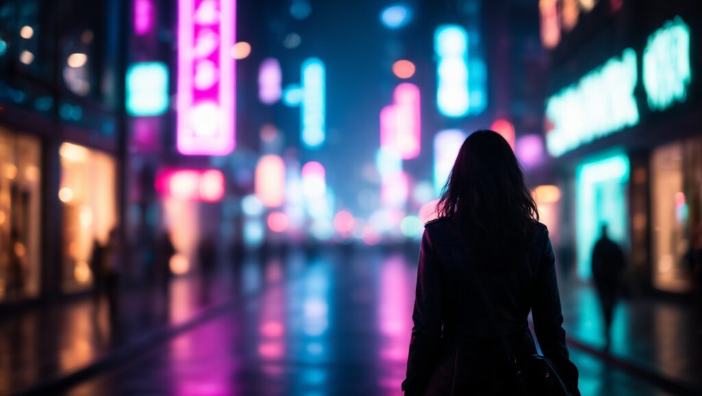 Neon az álomban jelentése Egy nő háttal áll a neonfényekkel megvilágított városi utcán, a fények vibráló színekben pompáznak.