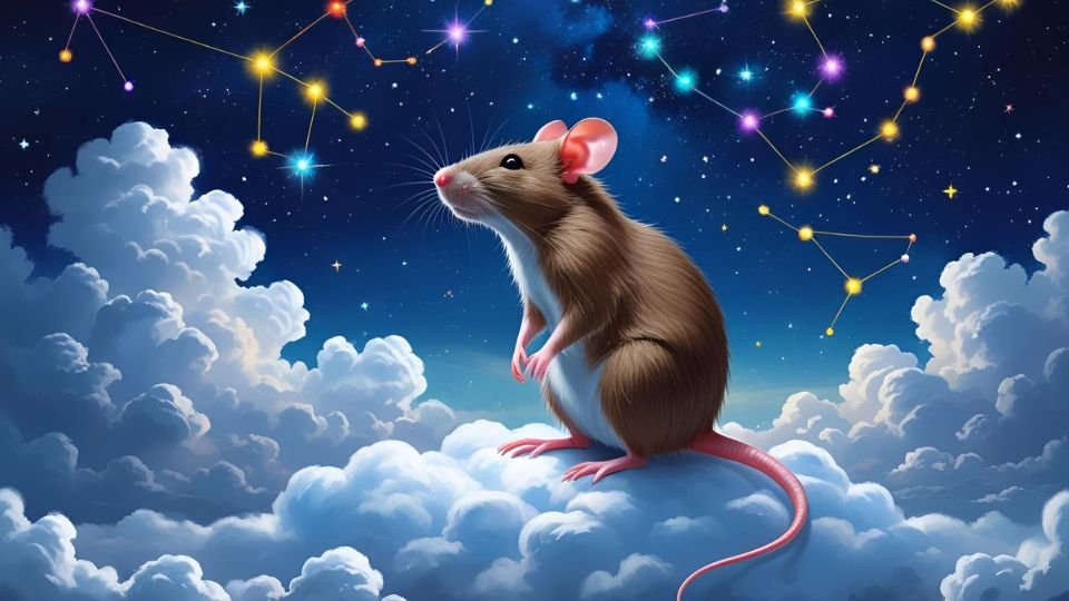 Egy patkány áll a felhőkön, csillagokkal teli éjszakai háttér előtt.