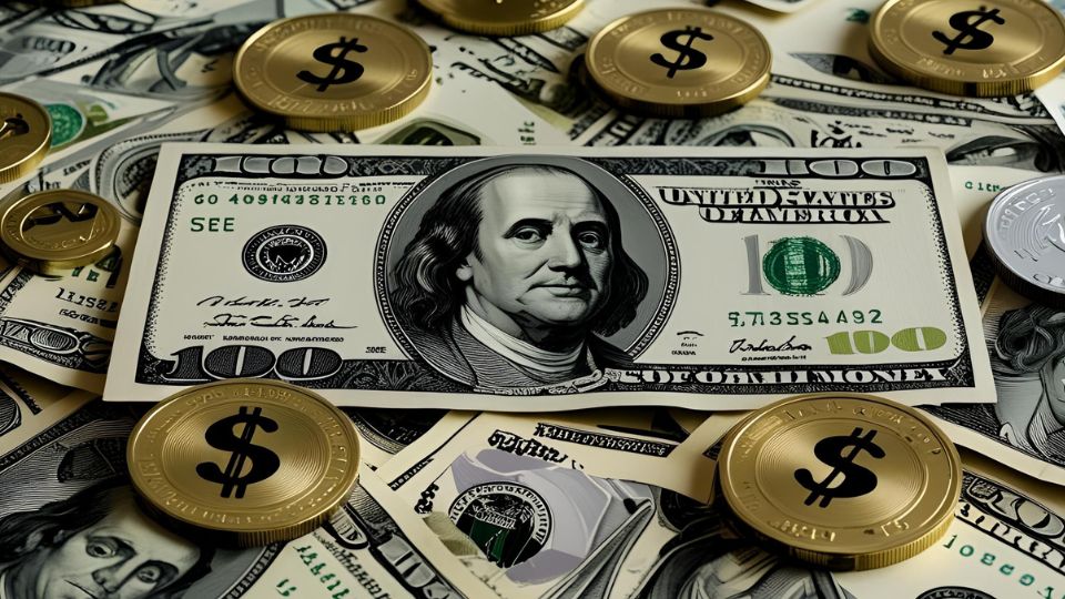 Egy halom amerikai dollár bankjegy és aranyérme, gazdagság szimbóluma.