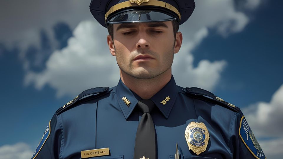 Egy rendőr zárt szemmel, komoly arckifejezéssel, az égen felhők láthatók.