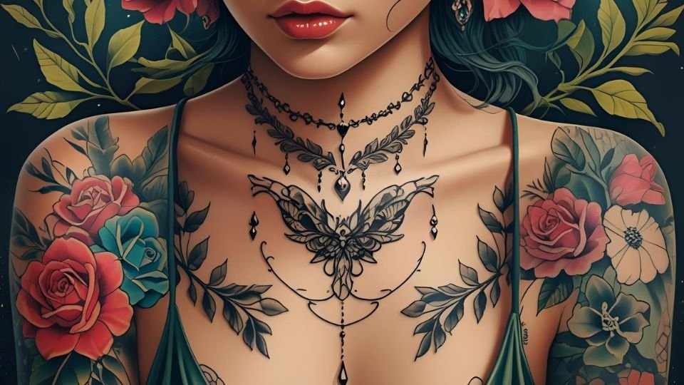 Egy női figura, gazdag tetoválásokkal és virágokkal díszítve, az önkifejezés szimbóluma.