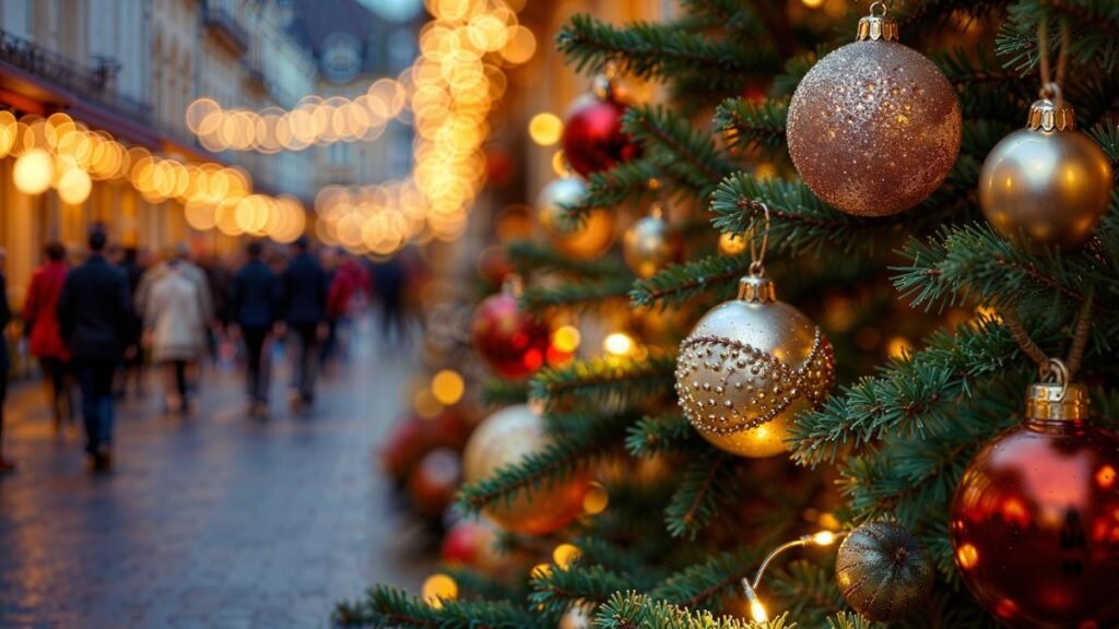 Karácsonyfa az álomban jelentés és értelmezés Karácsonyfa díszekkel, háttérben ünnepi fények és emberek sétálnak.