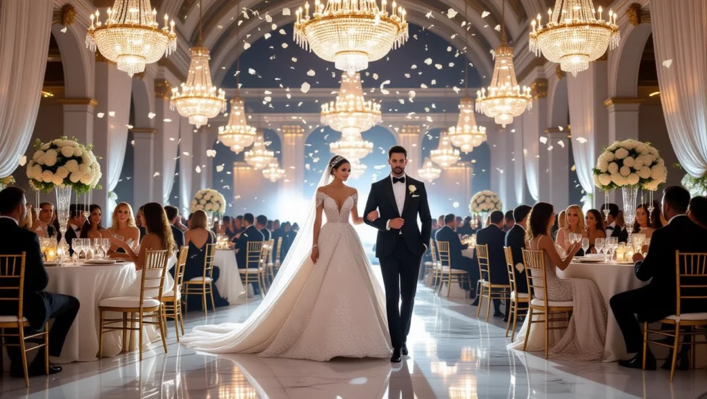 Egy elegáns lakodalom, ahol a pár a középpontban áll, virágok és gyertyák díszítik az asztalokat.