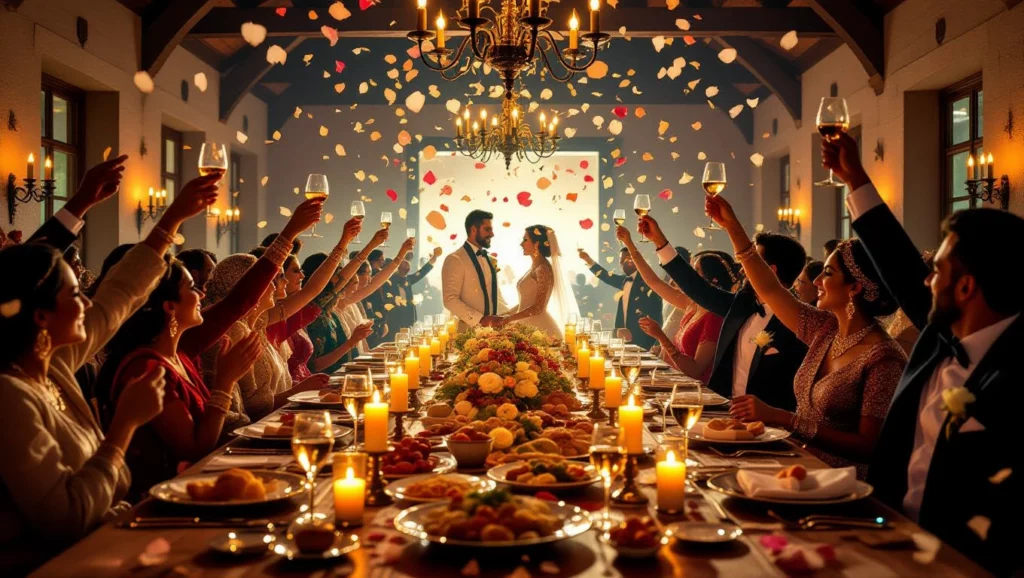 Lakodalom az álomban jelentés és értelmezés Egy boldog lakodalom jelenete, ahol a vendégek ünnepelnek és pezsgőt isznak.