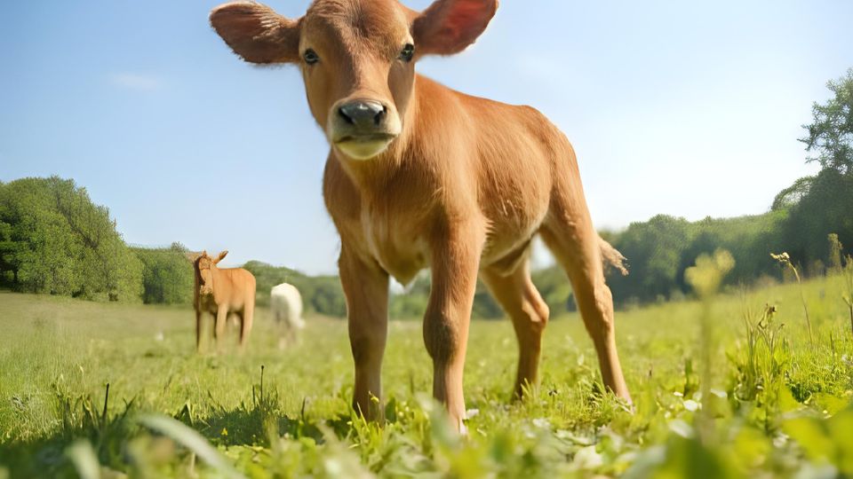 Borjú az álomban mit jelent Egy fiatal borjú áll a zöld fűben, napfényben, háttérben más állatokkal.