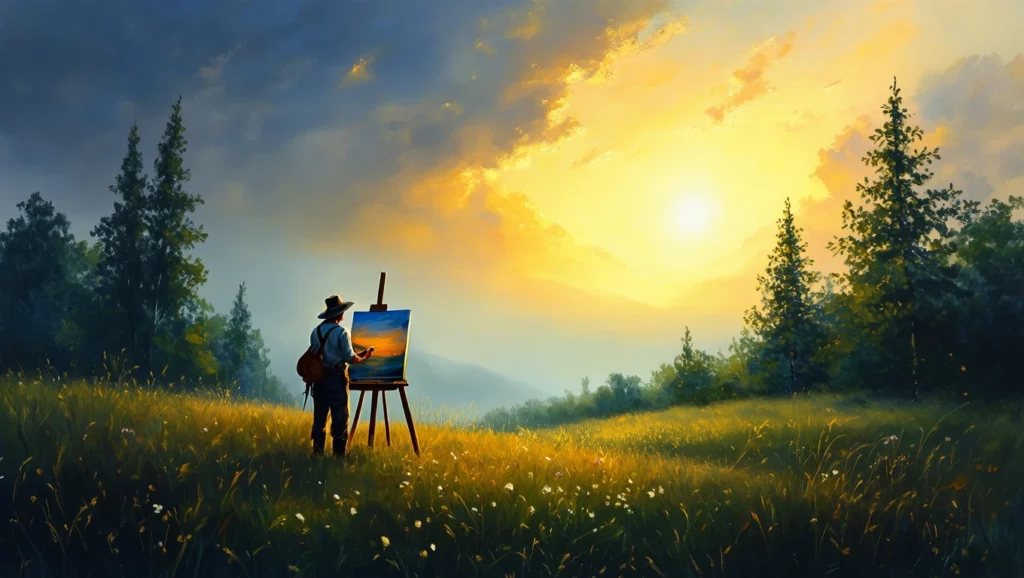 Egy festő a naplementében, festővásznat állítva a természetben.