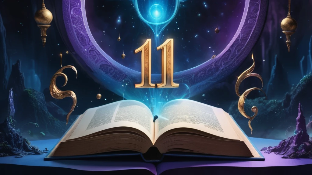11-es szám álomban mit jelent Egy nyitott könyv, amelyből a 11-es szám emelkedik ki, misztikus háttérrel.
