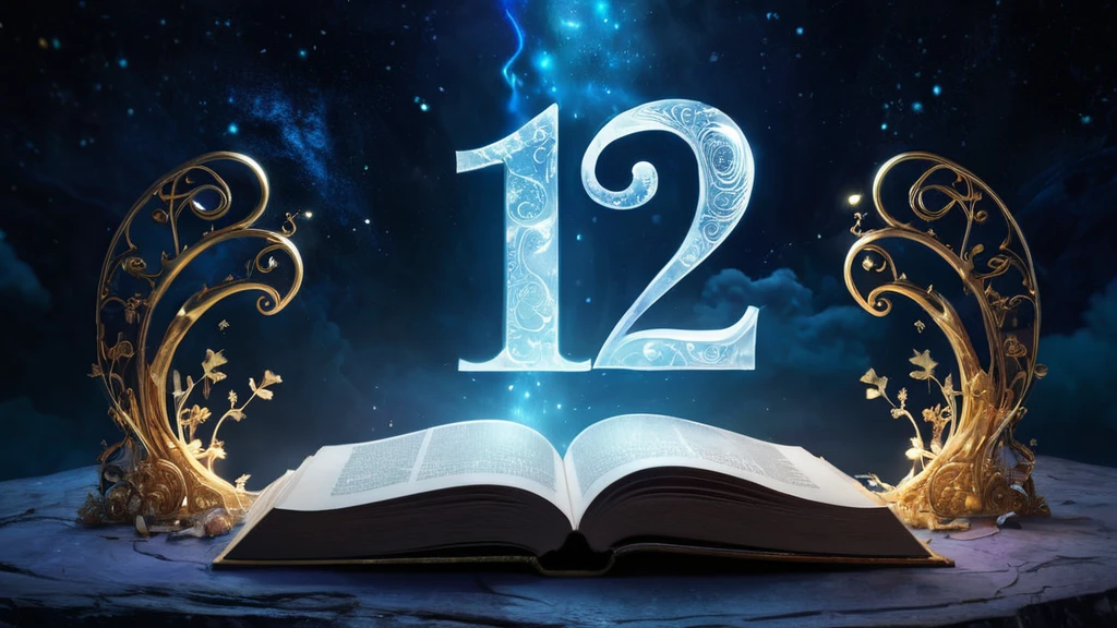 12-es szám álomban mit jelent Egy nyitott könyv előtt álló, díszes 12-es szám, álomfejtés szimbóluma.